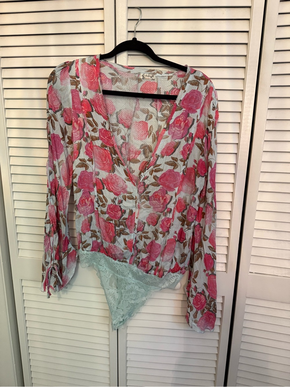 Free People Pink Floral Lace-Trim V-Neck Bodysuit